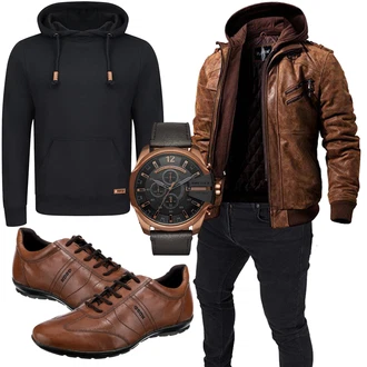 Motorrad Outfit mit Dunkelbraun/Braun Kapuzenjacke/Außergewöhnliche Jacke/Herbstjacke/Jacke mit Seitlichem Reißverschluss/Winterjacke/Kunstlederjacke/Bikerjacke/Leder Bomberjacke/Motorradjacke/Vintage Lederjacke FLAVOR "Cool Outfit"Look: Motorrad, Reiten