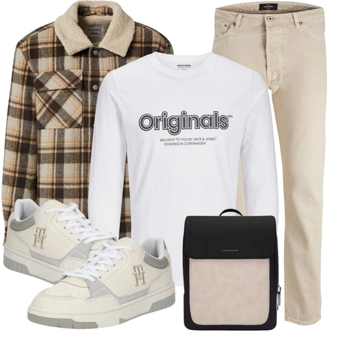 Beige/Creme/Braun Holzfäller Jacke/FlanellHemd/Kariertes Hemd DAN FOX APPAREL kombinieren