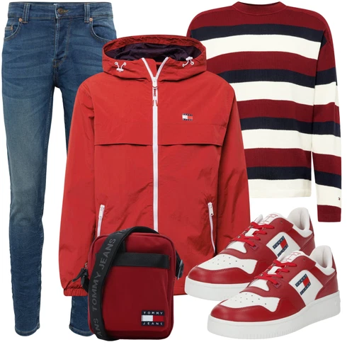 Dunkelrot/Bordeaux/Rot Gestreifter Pullover Tommy Hilfiger kombinieren