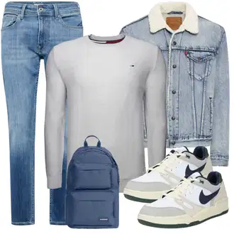 Outfit mit Weiß/Grau/Creme/Rosa Einfacher Pullover/Basic Pullover/Feinstrickpullover/Rundhals Pullover/Strickpullover/Thermo Pullover Tommy Jeans "Cool Outfit"