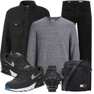 Outfit mit Grau/Dunkelblau/Dunkelgrau/Hellgrau Wollpullover/Feinstrickpullover/Basic Pullover/Kaschmir Pullover/Einfacher Pullover/Stillpullover Jack & Jones "Cool Outfit"