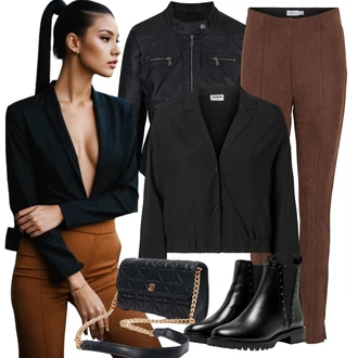 Lak Outfit s ?erná Koza?ka Ko?ená bunda/Chelsea Boty/Plochá Kotníková Bota/Ko?ená kotníková bota Only "Cool outfity na volný ?as"Look: Gotický, S Mokrým Vzhledem, ?ik, Lak, Premium, Glamourové, Nadrozm?rné, Metal, Trendový, Elegantní