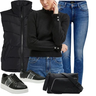 Outfit s ?erná Pe?ová Vest/Puffer Vest/Krátká Vest/Pro?itý Prslu?enství Noisy may "Cool vzhled na jaro"