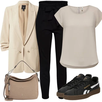 Outfit sa Crna Hlača sa Stremenom/Hlače Visokog Struka/Paperbag Hlača/Pletena Tajica VERO MODA "Praktičan look"