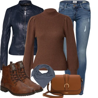 Outfit s Modrá/Tmavě Modrá Bunda s Bočním Zipem/Kožené Bund/Bunda z Umělé Kůže/Kožená vintage bunda/Motorkářské Bund Maze "Nonšalantní look pro volný čas"