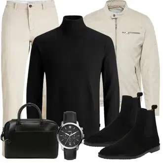 Outfit mit Braun/Beige/Khaki Baumwoll Strickjacke/Strickjacke Gefüttert/Stehkragen-Strickjacke/Vintage Strickjacke/Cordjacke/Fliegerjacke/Jacke mit Seitlichem Reißverschluss/Frühlingsjacke/Sommerjacke/Nachhaltige Jacke/Kunstfaserjacke/Trachtenstrickjacke/Übergangsjacke/Uniformjacke/Mantel Jack & Jones "Elegant Outfit"