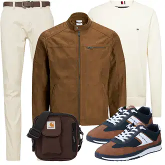 Große Größen Outfit mit Braun/Dunkelbraun/Khaki Mantel/Stehkragen-Strickjacke/Strickjacke/KunstLederjacke/Wachsjacke/Jacke mit Seitlichem Reißverschluss/Nachhaltige Jacke/Vintage Lederjacke/Übergangsjacke/Kunstfaserjacke/Lederjacke Jack & Jones "Elegant Outfit"