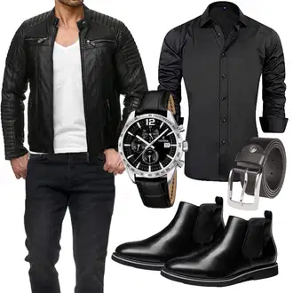 Outfit mit Schwarz Jacke mit Seitlichem Reißverschluss/KunstLederjacke/Motorradjacke/Bikerjacke/Lederjacke Redbridge "Elegant Outfit"