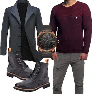 Wolle-seide Warme Outfit mit Dunkelblau/Grau Tweed Mantel/Gehröck/Wollfleece Mantel/Schmal Geschnittener Mantel/Kaschmir Mantel/Blazermantel/Wintermantel Wollmantel KUDORO "Elegant Outfit"