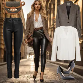 Outfit sa Srebro/Bijela/Zeleno/Smeđa/Siva Slip-on Bluza/Kožna jakna/Svilena Bluza/Bluza od Satena/Bodija Bluze/Bluza Vrh/Bluza s Podignutim Ovratnikom/Musseline Bluz orsay "Elegantan Izgled"