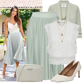 Elegantní Outfit s Světle zelená/Zelená Koktejlová Sukně/Sukně S Délkou Ke Kolenům/Krátká Plisovaná sukně/Rozhalená Sukně/Sukně Pro Svatebního Hosta/Italská Sukně/Moderní Sukně/Midi Sukně/Mačkaná Sukně/Vázací Sukně/90tá Léta Sukně About You "Pouliční styl oblečení"Look: Lehký, 20 léta, Business, Šik, Elegantní, Krásný, Old Money, 70tá léta, Klasické, 60. Let