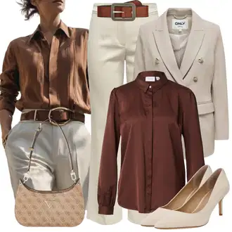 Outfit s Červená/Hnědá/Tmavě hnědá Businessová Halenka/Halenka se Stojatým Límcem/Halenkové Body/Blůza s knoflíčkem/Hedvábná Halenka/Saténová Halenka/Halenka s Dlouhým Rukávem Vila "Jarní outfit"