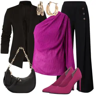 Outfit s Černá/Žlutá/Tmavě modrá Palazzo Kalhoty/Kalhoty s Vysokým Pasem/Kalhoty se Štěrbinou/Culotte Kalhoty/Široká Kalhoty/Mušelínové kalhoty/Tradiční Kalhoty/Marlene Kalhoty/Lněné Kalhoty Edited "Stylový vzhled do kanceláře"