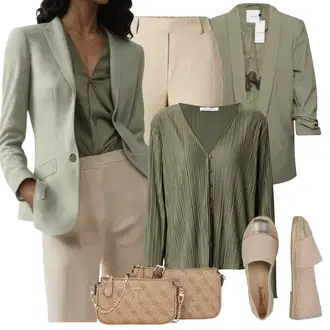 Military Outfit s Tmavě zelená Plisovaná Halenka Samsøe Samsøe "Jarní outfit"Look: Klasické, Styl, Armáda, Italský, Military, Mom, Kancelář, Old Money, Pracovní oděvy