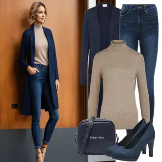 Kombinacije za zabavu S oblinama sa Plava/Tamnoplava Hlača Velika Veličina VERO MODA, Bijela/Kaki/Bež Pletivo Veći Broj/Pletenina Vila "Elegantni gradski stil"