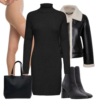 Ležérní Pracovní pohovor Outfit s Černá Kotníková Bota s Podšívkou/Kotníková Bota Na Podpatku/Kozačka Na Podpatku/Letní kotníková kozačka/Kožená kotníková bota/Špičatá Kozačka Aldo "Elegantní zimní outfit"Look: Šik, S Mokrým Vzhledem, Elegantní, Příliš oblečený, Atraktivní, Moderní, Premium, Ležérní