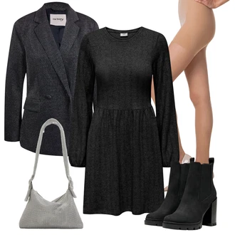 Áčkového Střihu Outfit s Černá/Šedá/Tmavě šedá Pouzdrové Šaty S Dlouhým Rukávem/Zimní Pletené Šaty/Zimní šaty s dlouhým rukávem/Dlouhé pletené šaty/Šaty S Rolákem/Svetrové Šaty JdY "Elegantní zimní outfit"Look: Áčkového Střihu