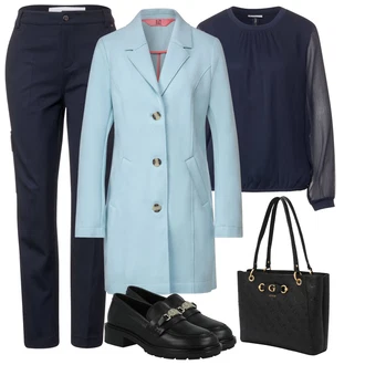 Léto Outfit s Tmavě modrá Halenkový Top/Halenka se Stojatým Límcem/Kožená bunda/Halenka s Dlouhým Rukávem/Průhledná blůza/Hedvábná Halenka Street One "Elegantní zimní outfit"