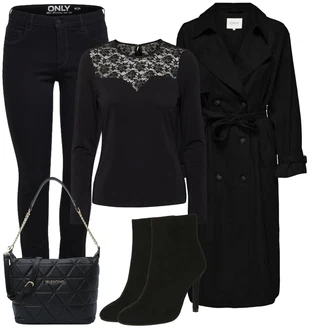 Zapínání na knoflíky Outfit s Černá/Zelená Tričko & Top Krajkový Top/Krajkované tričko/Top Na Party VERO MODA "Elegantní zimní outfit"