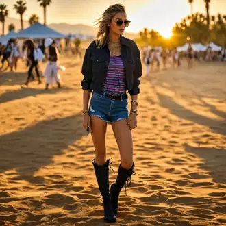 Coachella kombinacije sa Crna Klasična čizmica/Ravna čizma preko koljena/Čizma do Koljena/Duga Čizma/Čizma Iznad Koljena/Široke čizme fox shoes, Crna Kratka Jakna/Najlonska jakna/Lagana Jakna/Proljetna jakna/Bomber Jakna/Bluza-jakna/Jakna vjetrovka/Crop Jakna/Ljetna jakna jjxx "Festivalni izgled s trapericama za žene"