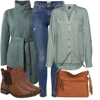 Outfit s Hnědá/Béžová Chelsea Boty/Kožená bunda/Plochá Kotníková Bota/Jezdecká Bota Mustang "Nonšalantní look pro volný čas"