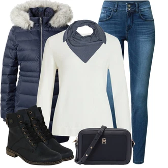 Outfit s Černá/Tmavě modrá/Modrá Kozačka Šněrovací Kotníková Bota/Klasická Kozačka/Kotníková Bota s Podšívkou/Bojová Bota/Plochá Kotníková Bota/Motorkářská bota Rieker "Zimní outfit pro volný čas"
