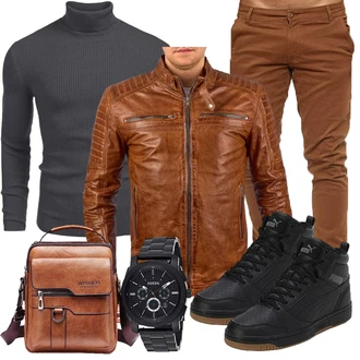 Stil Motorrad Outfit mit Braun/Beige/Dunkelbraun Motorradjacke/Bikerjacke/KunstLederjacke/Vintage Lederjacke FAPA "Freizeit Outfit"Look: Indoor, Dad, Elegant, Feine, Stil, Coole, Workwear, Empire, Moderne, Steampunk, 80er, Freizeit, Arbeits, Motorrad, Reiten