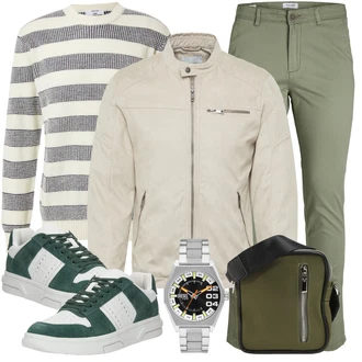 Outfit mit Braun/Beige/Khaki Baumwoll Strickjacke/Strickjacke Gefüttert/Stehkragen-Strickjacke/Vintage Strickjacke/Cordjacke/Fliegerjacke/Jacke mit Seitlichem Reißverschluss/Frühlingsjacke/Sommerjacke/Nachhaltige Jacke/Kunstfaserjacke/Trachtenstrickjacke/Übergangsjacke/Uniformjacke/Mantel Jack & Jones "Freizeit Outfit"