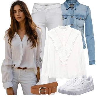 Outfit s Bílá/Hnědá/Krémová Crash blůza/Halenka se Stojatým Límcem/Halenka s Volánem/Dětská hračka Mango "Jarní outfit"