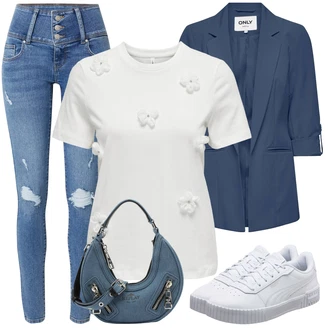 Outfit sa Krem/Bijela Majica kratkih rukava/Otmjena majica/Top za plažu/Majica s mrežicom/Majica i top/Majica s printom/Print majica/Funkcionalna majica/pletena košulja/Muške tenisice za trčanje Only "Proljetni outfit"