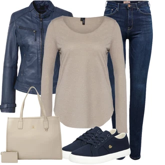 Outfit s Modrá/Tmavě Modrá Kožené Bund Bunda z Umělé Kůže/Kožené Bund/Motorkářské Bund/Motorkářská bunda/Kožená vintage bunda/Bunda s Bočním Zipem/Kožená Bomber Bund Maze "Stylový vzhled pro volný čas"