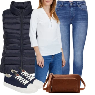 Outfit s Tmavě modrá/Modrá Puffer Vest/Džínová vesta/Peřová Vest/Obchodní vesta/Prošitý Prslušenství/Krátká Vest Only "Jarní outfit pro ženy"