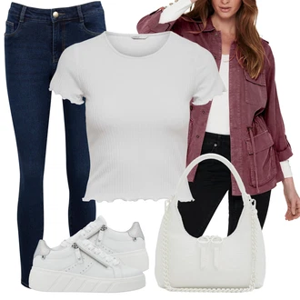 Prodyšné Outfit s Bílá/Krémová Teniska Kožené Tenisky/Teniska na platformě/Úzká Teniska/Teniska teddy/Nízká Teniska/Tenisky s Bočním Zipem Rieker "Jarní Outfit"