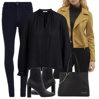 Ležérní Pracovní pohovor Outfit s Černá Kotníková Bota s Podšívkou/Kotníková Bota Na Podpatku/Kozačka Na Podpatku/Letní kotníková kozačka/Kožená kotníková bota/Špičatá Kozačka Aldo "Jarní outfit"Look: Šik, S Mokrým Vzhledem, Elegantní, Příliš oblečený, Atraktivní, Moderní, Premium, Ležérní