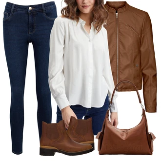 Outfit s Hnědá Kožená bunda/Chelsea Boty/Gumová Kotníková Bota/Kožená kotníková bota Timberland "Jarní Outfit"