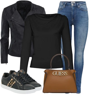 Trendový Outfit s Černá/Zlatý Teniska Tenisky s Bočním Zipem/Teniska teddy/Teniska se Třpytkami/Úzká Teniska/Kožené Tenisky/Nízká Teniska Guess "Každodenní vzhled"Look: Ležérní, Šik, Lak, Lev, Metal, Sportovní, Streetwear, Trendový, Unisex