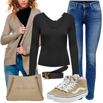 Outfit s Béžová/Hnědá/Khaki Taška Přes Rameno/Malá Taška/Dopisová peněženka/Sportovní Taška Přes Rameno/Taška Calvin Klein Jeans "Každodenní vzhled"