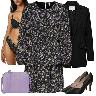 Outfit s Lilové barvy/Fialová/Modrá Mini Šaty/Šaty S Kosticí/Šaty s nadýchaným rukávem/Šaty s dlouhým rukávem/Šaty S Potiskem/Šaty na Podzim/Skater šaty/Šaty Niki/Šaty s 3/4 Rukávem/Halenkové Šaty Only "Lehký outfit"