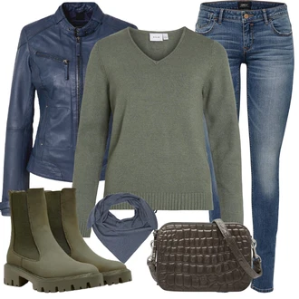 Outfit s Modrá/Tmavě Modrá Kožené Bund Bunda z Umělé Kůže/Kožené Bund/Motorkářské Bund/Motorkářská bunda/Kožená vintage bunda/Bunda s Bočním Zipem/Kožená Bomber Bund Maze "Nonšalantní look pro volný čas"