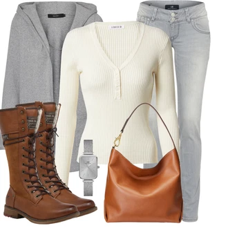 Výstřih na ramena Outfit s Šedá/Světle šedá Pletenina veľkej veľkosti/Kabát/Mikina VERO MODA "Nonšalantní look pro volný čas"