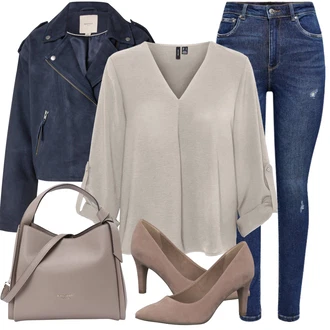 Outfit s Béžová/Šedá/Hnědá Halenkový Top/Halenka S 3/4 Rukávem/Kožená bunda/Tunikové Tričko/Slip-on Halenka/Otevřená Halenka/Oversize Muselínová Blůza/Blůza s nášivkou na lokti/Blůza s knoflíčkem/Oversize Halenka VERO MODA "Stylové kombinace pro volný čas"