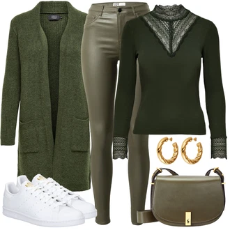 Kůže Outfit s Tmavě zelená/Khaki Kožená bunda/Motorkářské Džíny/High Waist Džínové Kalhoty/Džíny s Rozparkem/Termální Džíny JdY "Cool každodenní outfit"