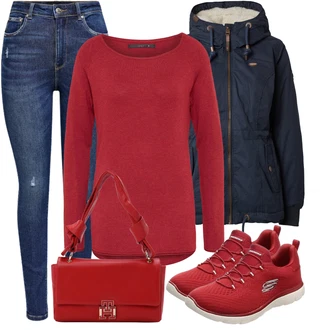 Outfity z džínu Mom Posilování s Červená/Růžová Basic Svetr/Kašmírový Svetr/Svetr z Jemné Pleteniny/Svetr s Kulatým Výstřihem/Jednoduchý Svetr/Termo Svetr/Vlněný Svetr/Svetr na kojení Only "Každodenní vzhled"Look: Ležérní, Pro Dům, Mom, Posilování, Volný čas, Na Procházku
