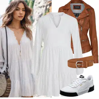 Outfit sa Siva/Krem/Bijela Haljina za Krizmu/Pamučna Haljina/Platnena Haljina Dugih Rukava/Haljina od muslina/Nicky Haljina/Dimljena Haljina/Haljina tunika Vila "Lagana odjeća"