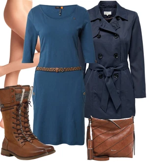 Outfity na zimu S páskem Ke kolenům s Modrá/Tyrkysový Šaty S páskem/Ležérní Šaty/Žerzejové Šaty/Polo Šat/Tunikové šaty/Pletené Šaty/Šaty s 3/4 Rukávem/Šaty s Kapsou Ragwear "Módní zimní outfit"