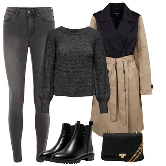 Nadrozměrné Outfit s Černá Kožená bunda/Chelsea Boty/Plochá Kotníková Bota/Kožená kotníková bota Only "Módní zimní outfit"Look: Gotický, S Mokrým Vzhledem, Šik, Lak, Premium, Glamourové, Nadrozměrné, Metal, Trendový, Elegantní