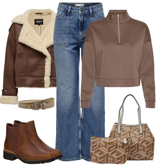 Outfit s Hnědá Kožená bunda/Chelsea Boty/Gumová Kotníková Bota/Kožená kotníková bota Timberland "Módní zimní outfit"