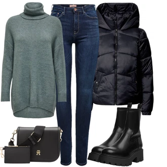 Outfit s Černá Bota Chelsea Boty/Kožená kotníková Bota/Bota na Platformě/Motorkářská Bota/Bota na platformě Pull&Bear "Módní zimní outfit"