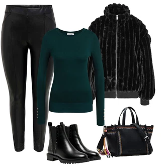 Lak Outfit s ?erná Koza?ka Ko?ená bunda/Chelsea Boty/Plochá Kotníková Bota/Ko?ená kotníková bota Only "Módní zimní outfit"Look: Gotický, S Mokrým Vzhledem, ?ik, Lak, Premium, Glamourové, Nadrozm?rné, Metal, Trendový, Elegantní