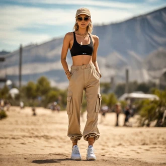 Outfit s Hnědá/Béžová/Khaki Padáková Kalhoty/Kalhoty s nášivkou uprostřed/Mušelínové kalhoty/Cargo Kalhoty/Bavlněná Kalhoty/Dešťové kalhoty/Lněné Kalhoty/Tradiční Kalhoty/Plážová Kalhoty Nasty Gal "Nejlepší techno festivalový styl"